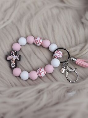 Pink & White Beaded Cross Wristlet Key Holder with Tassel